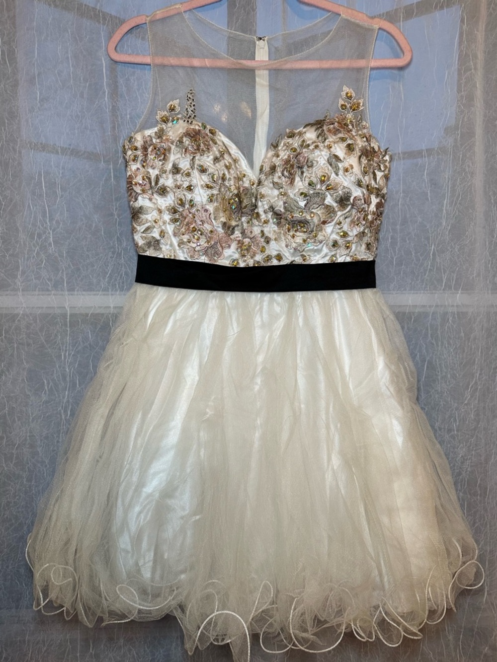 Cinderella Ivory Tulle Party Dress with Black Waistband and Gold Embellishments